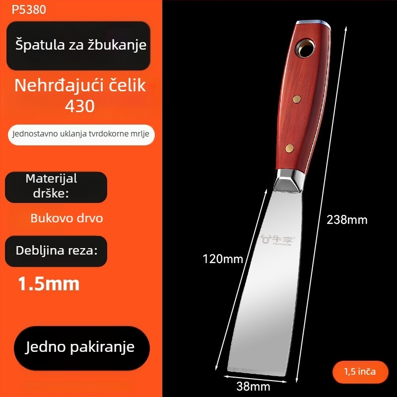Špatula za špakanje od nehrđajućeg čelika s drvenom ručkom - poboljšana debela ravna lopatica, višenamjenski alat