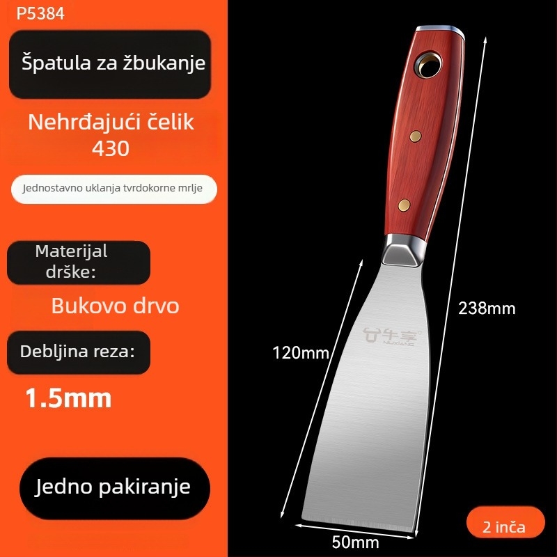 Špatula za špakanje od nehrđajućeg čelika s drvenom ručkom - poboljšana debela ravna lopatica, višenamjenski alat
