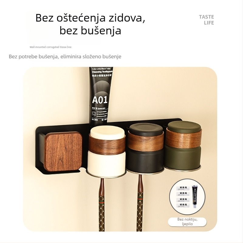 Držač za četkice za zube s kompletom čašica za ispiranje, Space aluminij, ugradbeni nosač, bez bušenja, mogućnost tiskanja logotipa