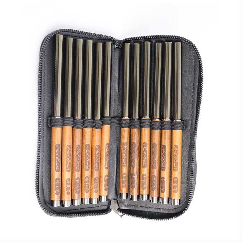 Četkica za nokte s drvenom drškom, prenosiva, set od 12 kom., izgravirana olovka i olovka za razmazivanje za umjetnost noktiju