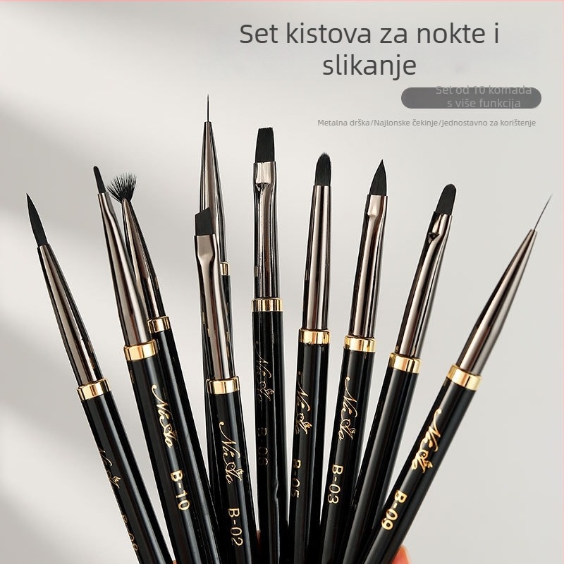 Set od 10 četkica za nokte za crtanje noktiju, elegantan crno-zlatni dizajn