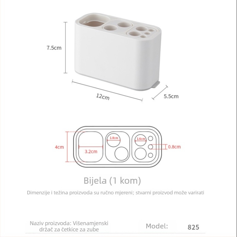 Višenamjenski držač za četkice za zube s čašom za ispiranje i zaštitnim poklopcem za zube — montaža bez bušenja, mogućnost otiska loga