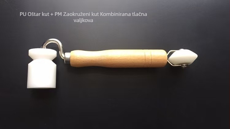 Dvostrani pritiskujući valjak s drškom od bukovine, nylonim valjkom i galvaniziranim nosačem, za postavljanje tapeta