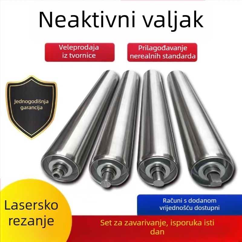 Ne pokretni valjak od nehrđajućeg čelika, galvaniziran 201/304, otporan na habanje, vodootporan i otporan na hrđu, dug životni vijek; pogodan za linije za sklapanje, transportne trake i tiskarske strojeve