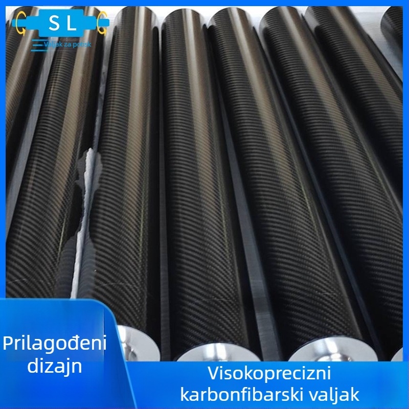 Karbonski valjak za visokoprecizne strojeve – lagan, karbonska cijev s aluminijskom glavom osovine i ležajnim otvorom; promjer valjka φ0,4 m, promjer osovine φ20 mm, debljina stijenke ~2 mm, površina premazana