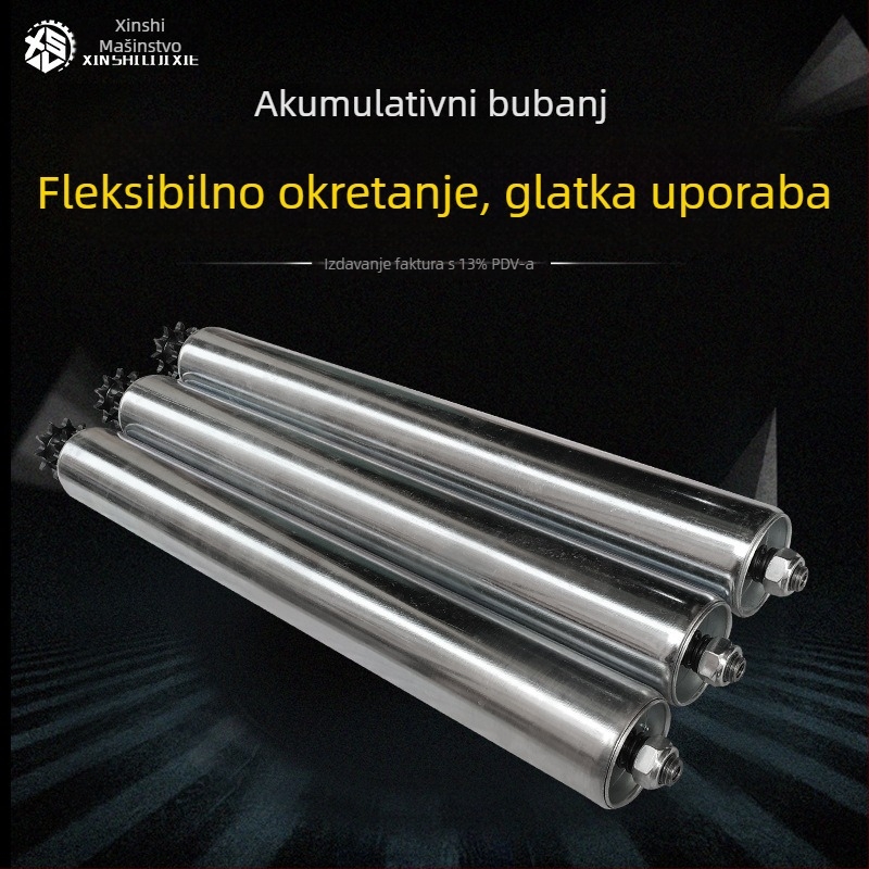 Motorizirano valjkasto kolica s bubnjem za montažnu liniju — model XSL-JF; promjer bubnja: 25-38-50-60-76 mm; promjer osovine: 12-15-20 mm; materijal bubnja: ugljični čelik i nehrđajući čelik; površinska obrada: cinkanje