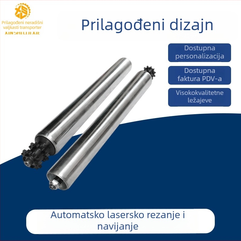 Motorizirano valjkasto kolica s bubnjem za montažnu liniju — model XSL-JF; promjer bubnja: 25-38-50-60-76 mm; promjer osovine: 12-15-20 mm; materijal bubnja: ugljični čelik i nehrđajući čelik; površinska obrada: cinkanje