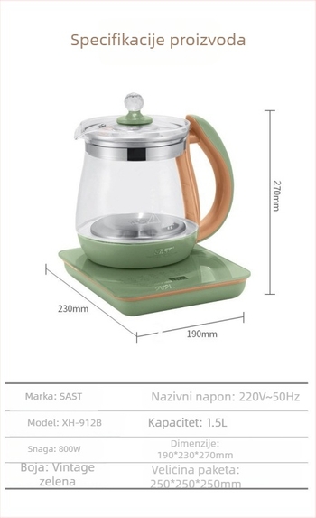 XH-805D Zdrava posuda za čaj sa staklenim tijelom, 1.5 L, Električno kuhalo za vodu