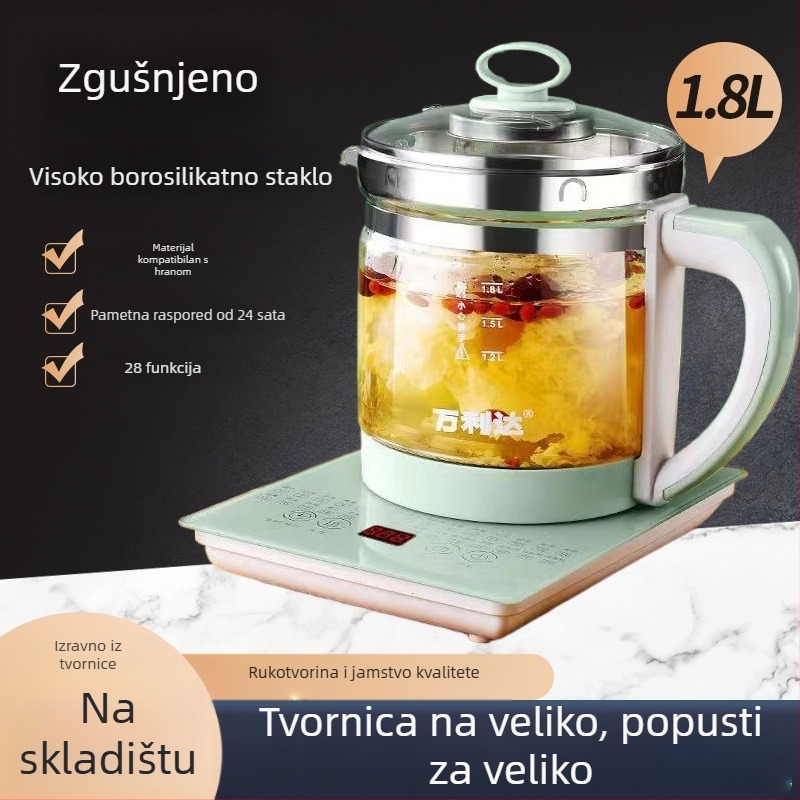 Wanlida Zdrava posuda za čaj 1.8L, staklena kućišnica borosilikatnog stakla, mikroračunarsko upravljanje s digitalnim termostatom, 220V, 500–1000W, pogodno za 4–5 osoba