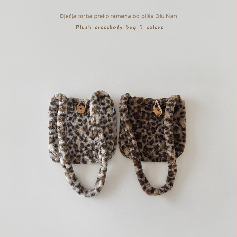 Qiannan dječja pliš torbica preko ramena s leopard uzorkom, jesen-zima, velika kapaciteta, luksuzni pliš
