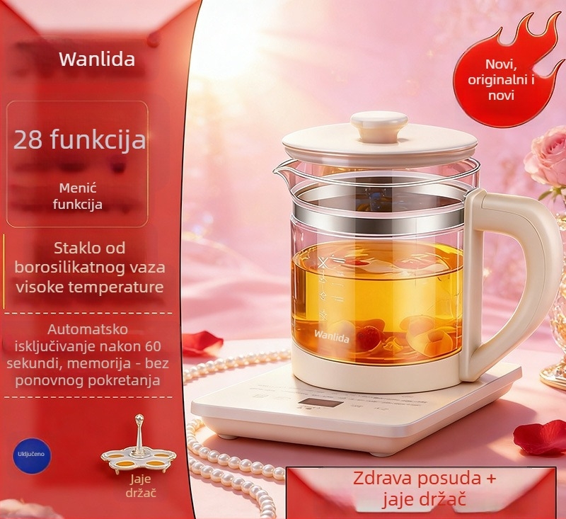Wanlida Električni lonac za zdravlje, 1,5–2 L, stakleno tijelo, 220 V, 500–1000 W, digitalni termostat
