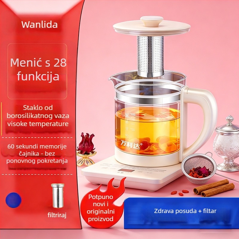 Wanlida Električni lonac za zdravlje, 1,5–2 L, stakleno tijelo, 220 V, 500–1000 W, digitalni termostat