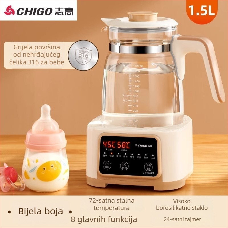 Chigo Zdravstveni čajnik za uredski prostor, Model XSL-TNQ15, Tijelo od borosilikatnog stakla, Kapacitet 1.5-2 L, 220V, 500-1000W, Elektronički termostat s mikroprocesorom