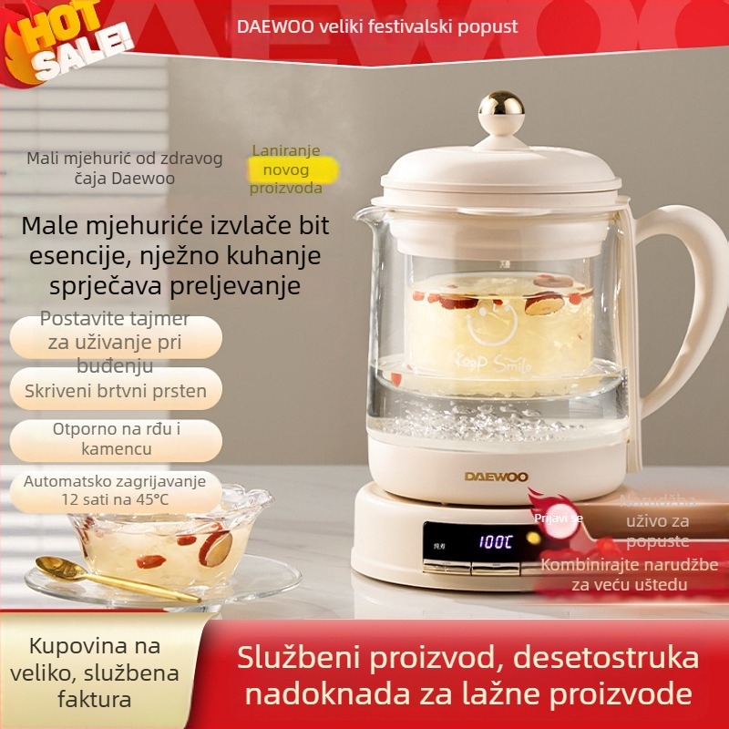 Električni čajnik YS11, kapacitet 1–1,5 L, napajanje 220 V, snaga 500–1000 W, kućište od borosilikatnog stakla, elektronički termostat, upravljanje mikroprocesorom