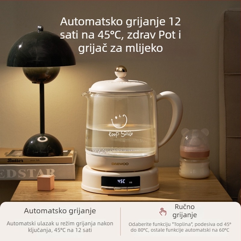 Električni čajnik YS11, kapacitet 1–1,5 L, napajanje 220 V, snaga 500–1000 W, kućište od borosilikatnog stakla, elektronički termostat, upravljanje mikroprocesorom