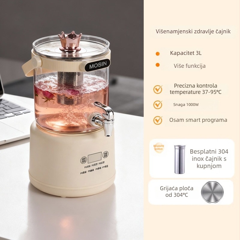 Zdrava lonac za čaj 2–3L s borosilikatnim staklom, 800W pri 220V, dodirno upravljanje