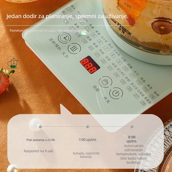 Health pot s kućištem od borosilikatnog stakla, kapacitet 1.5-2 L, 800 W pri 220 V, dodirno upravljanje s digitalnim termostatom, funkcija tajmera