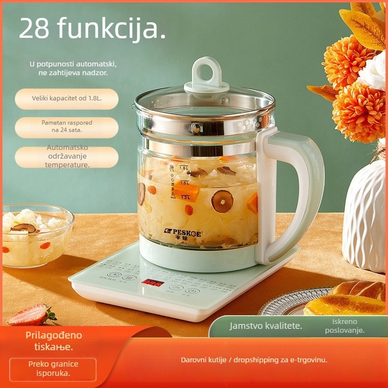 Health pot s kućištem od borosilikatnog stakla, kapacitet 1.5-2 L, 800 W pri 220 V, dodirno upravljanje s digitalnim termostatom, funkcija tajmera