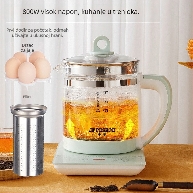 Health pot s kućištem od borosilikatnog stakla, kapacitet 1.5-2 L, 800 W pri 220 V, dodirno upravljanje s digitalnim termostatom, funkcija tajmera