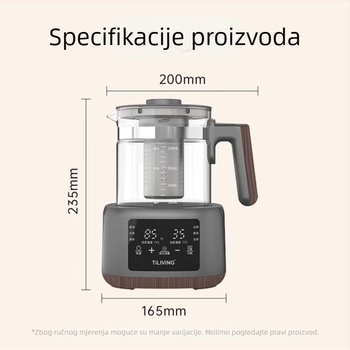 Tiliving OBS-13C02 Stakleni električni čajnik s unutarnjim tankom od nehrđajućeg čelika, 600W, 220V, elektronički termostat, dodirni kontroler, podešavanje temperature, kapacitet 1–1.5 L, za 2–3 osobe