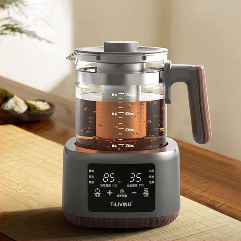 Tiliving OBS-13C02 Stakleni električni čajnik s unutarnjim tankom od nehrđajućeg čelika, 600W, 220V, elektronički termostat, dodirni kontroler, podešavanje temperature, kapacitet 1–1.5 L, za 2–3 osobe