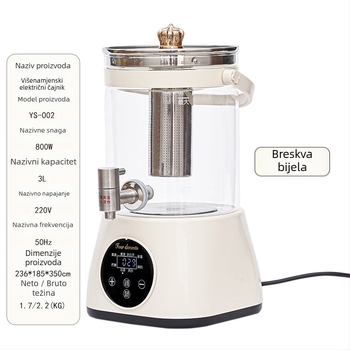 Zdravstveni čajnik s podešavajućom temperaturom, kapacitet 3–4 L, tijelo od borosilikatnog stakla, unutarnja staklena posuda, mikroprocesorsko upravljanje, elektronički termostat