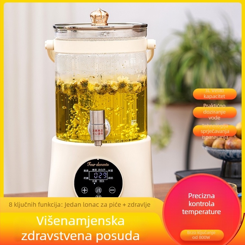 Zdravstveni čajnik s podešavajućom temperaturom, kapacitet 3–4 L, tijelo od borosilikatnog stakla, unutarnja staklena posuda, mikroprocesorsko upravljanje, elektronički termostat