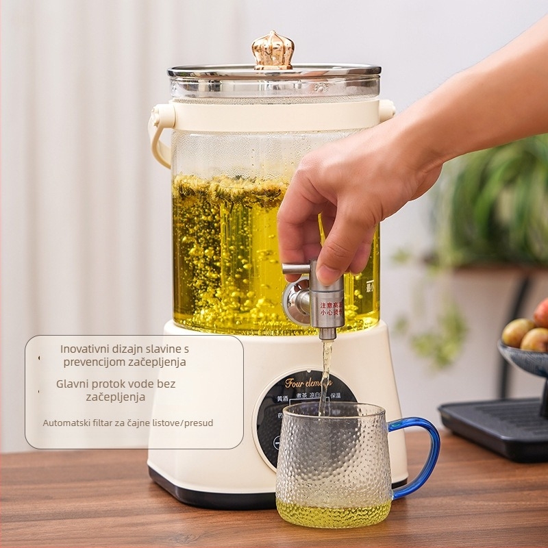 Zdravstveni čajnik s podešavajućom temperaturom, kapacitet 3–4 L, tijelo od borosilikatnog stakla, unutarnja staklena posuda, mikroprocesorsko upravljanje, elektronički termostat