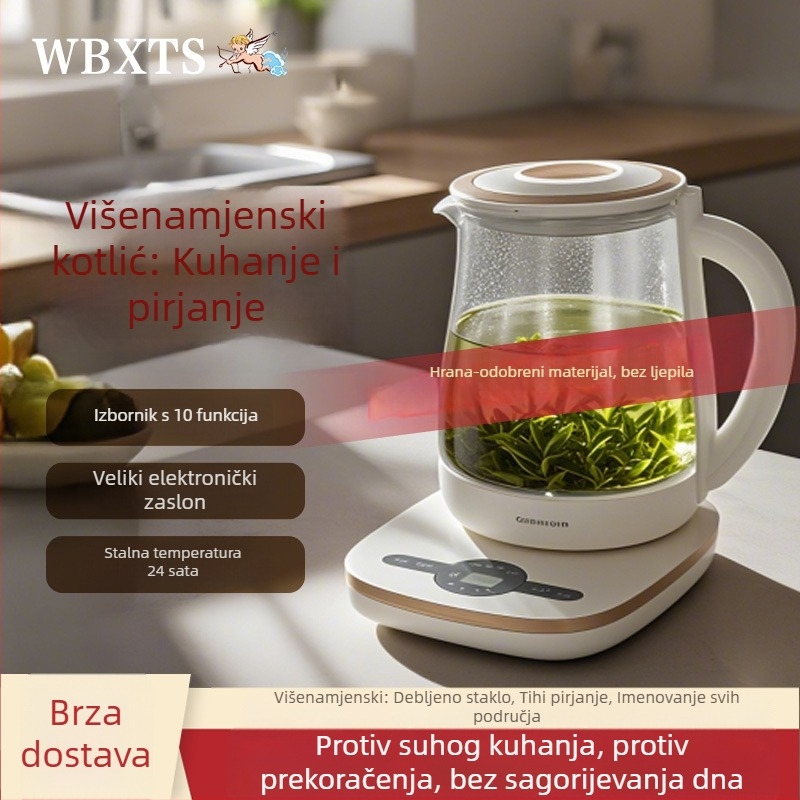 Zdravstvena staklena posuda za čaj, kapacitet 1.8 L, visoko borosilikatno staklo, 800W, 220V, dodirno upravljanje