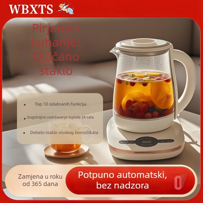 Zdravstvena staklena posuda za čaj, kapacitet 1.8 L, visoko borosilikatno staklo, 800W, 220V, dodirno upravljanje