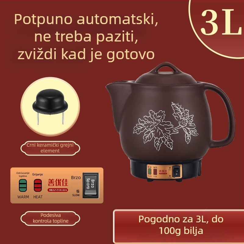 Električni lonac za izvarivanje kineske medicine, od ljubičaste gline, s keramičkom unutarnjom dijelu, kapacitet 3–4 L, model YB-406
