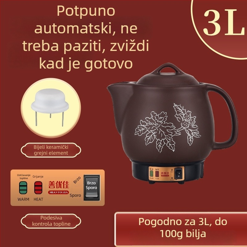 Električni lonac za izvarivanje kineske medicine, od ljubičaste gline, s keramičkom unutarnjom dijelu, kapacitet 3–4 L, model YB-406
