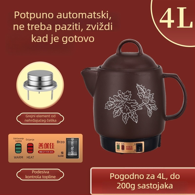 Električni lonac za izvarivanje kineske medicine, od ljubičaste gline, s keramičkom unutarnjom dijelu, kapacitet 3–4 L, model YB-406