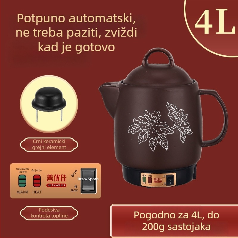 Električni lonac za izvarivanje kineske medicine, od ljubičaste gline, s keramičkom unutarnjom dijelu, kapacitet 3–4 L, model YB-406