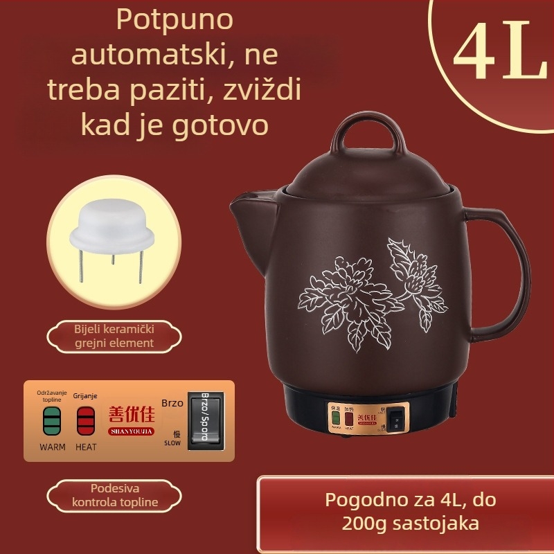 Električni lonac za izvarivanje kineske medicine, od ljubičaste gline, s keramičkom unutarnjom dijelu, kapacitet 3–4 L, model YB-406