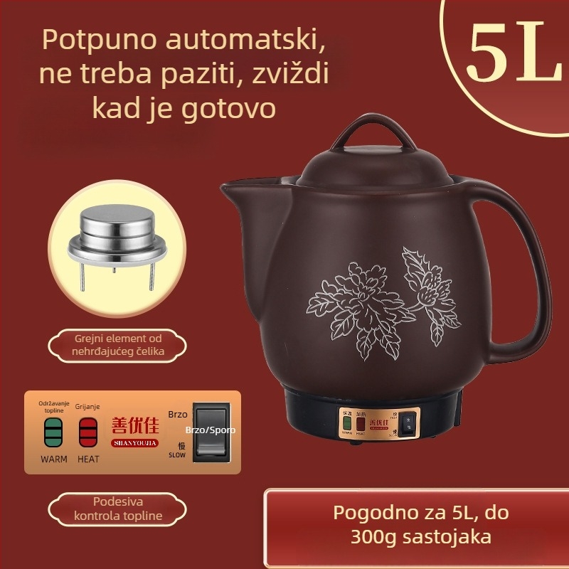 Električni lonac za izvarivanje kineske medicine, od ljubičaste gline, s keramičkom unutarnjom dijelu, kapacitet 3–4 L, model YB-406