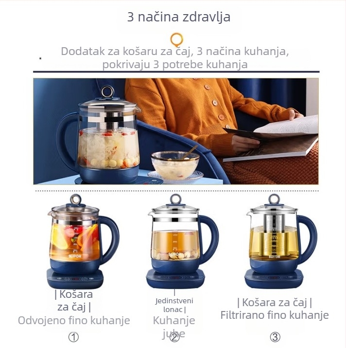 Supor stakleni čajnik za cvjetni čaj SW-15YJ33A, automatski, 1,5 L, za dom i ured