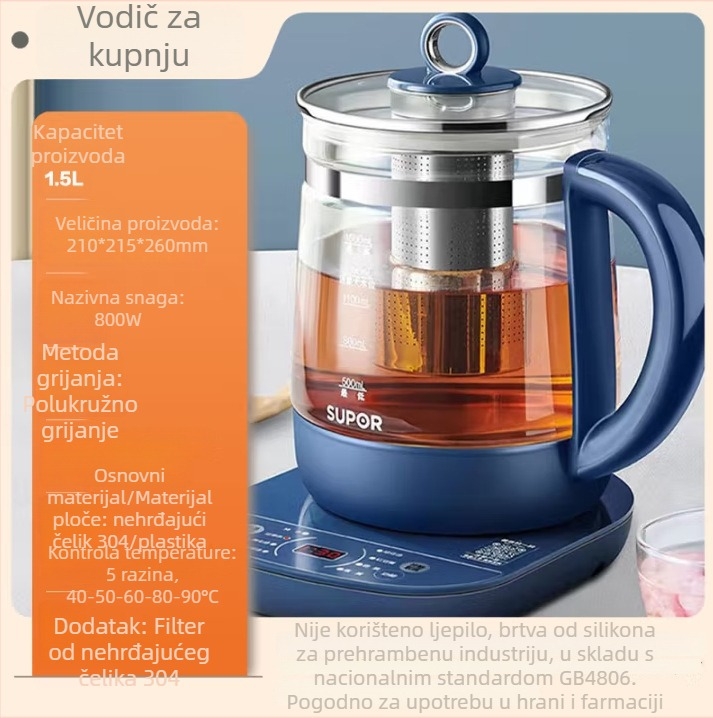 Supor stakleni čajnik za cvjetni čaj SW-15YJ33A, automatski, 1,5 L, za dom i ured