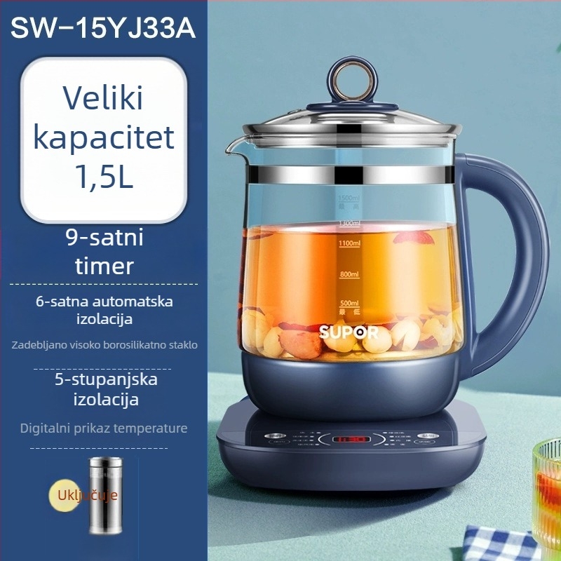 Supor stakleni čajnik za cvjetni čaj SW-15YJ33A, automatski, 1,5 L, za dom i ured