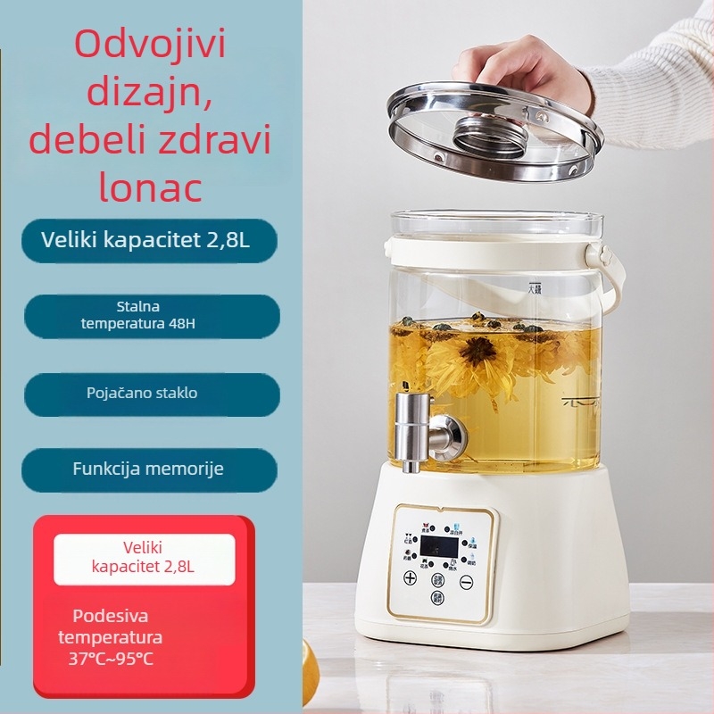 Zdravstveni čajnik s kranom, višenamjenski stakleni čajnik s digitalnim termostatom i mikrokontrolom (1,5–2 L, 800 W, 220 V, stakleni unutarnji spremnik)
