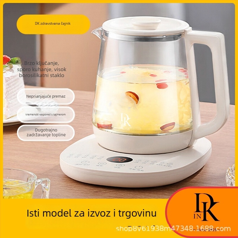 DK inteligentni zdravstveni lonac za čaj i kuhanje — 1,5 L, visoko borosilikatno staklo, 800W, dodirno upravljanje, unaprijed postavljeni program