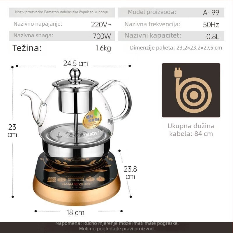 Kamjove A-99 Wellness čajnik s raspršivanjem čaja — staklena kućišta, unutarnja posuda od 304 nehrđajućeg čelika, kapacitet do 2 L, 700 W, dodirni kontroler s digitalnim termostatom