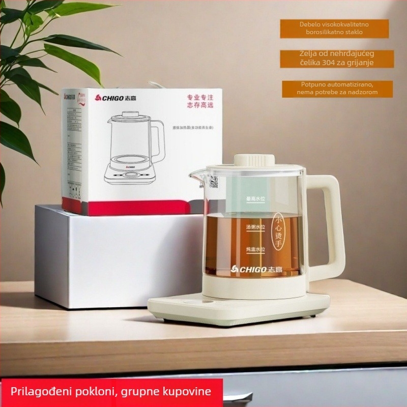 Zhigo YSH002 Zdravstveni čajnik – Višenamjenski električni čajnik s staklenim tijelom, 1–1,5 L, 800W, 220V, elektronički termostat, dodirno upravljanje, memorija podizanja posude