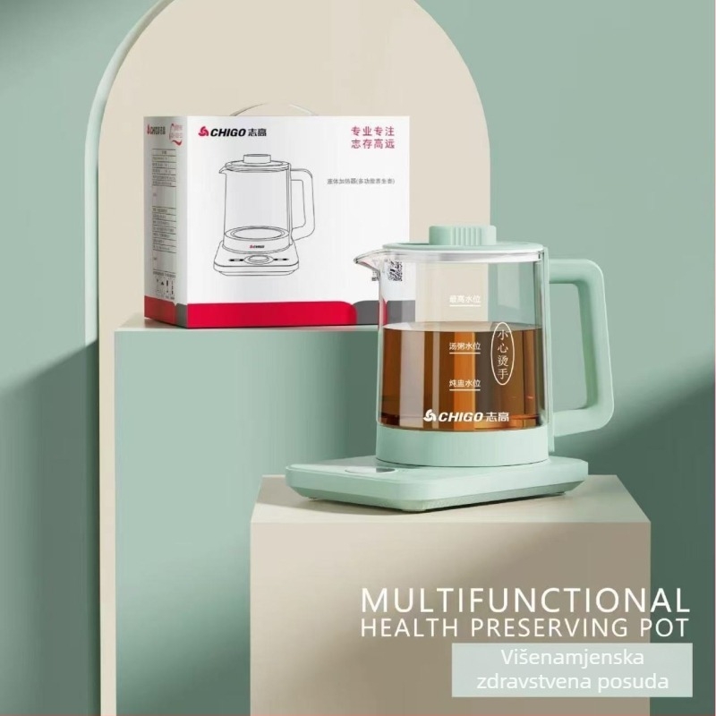 Zhigo YSH002 Zdravstveni čajnik – Višenamjenski električni čajnik s staklenim tijelom, 1–1,5 L, 800W, 220V, elektronički termostat, dodirno upravljanje, memorija podizanja posude