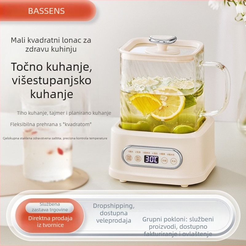 BASSENS BS-D1plus Stakleni čajnik za zdravlje, 1 L, Elektronički termostat, Mikroračunalno upravljanje, 220V, 500–1000W