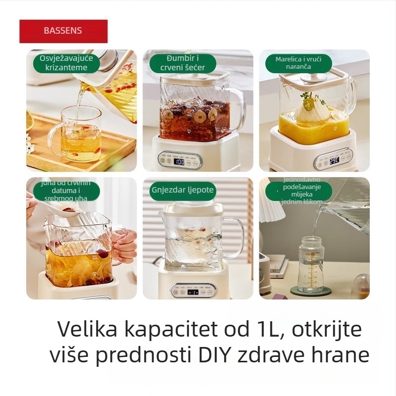 BASSENS BS-D1plus Stakleni čajnik za zdravlje, 1 L, Elektronički termostat, Mikroračunalno upravljanje, 220V, 500–1000W