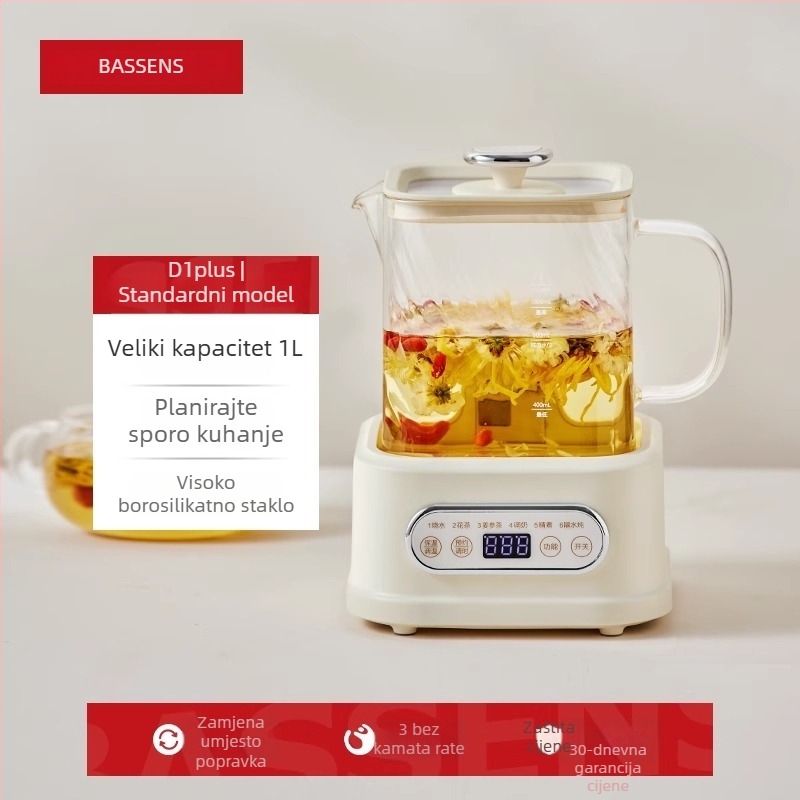 BASSENS BS-D1plus Stakleni čajnik za zdravlje, 1 L, Elektronički termostat, Mikroračunalno upravljanje, 220V, 500–1000W