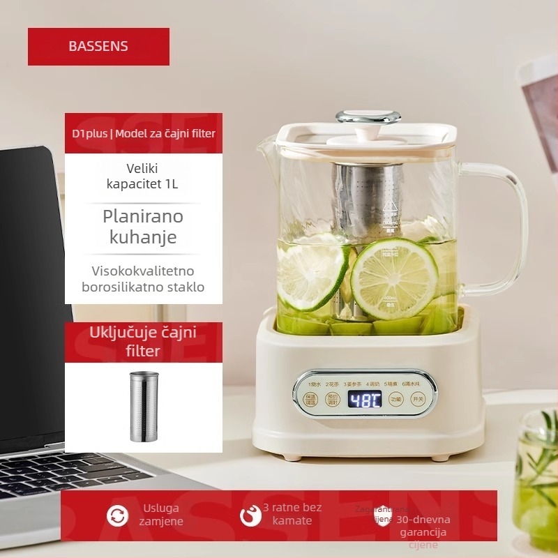 BASSENS BS-D1plus Stakleni čajnik za zdravlje, 1 L, Elektronički termostat, Mikroračunalno upravljanje, 220V, 500–1000W