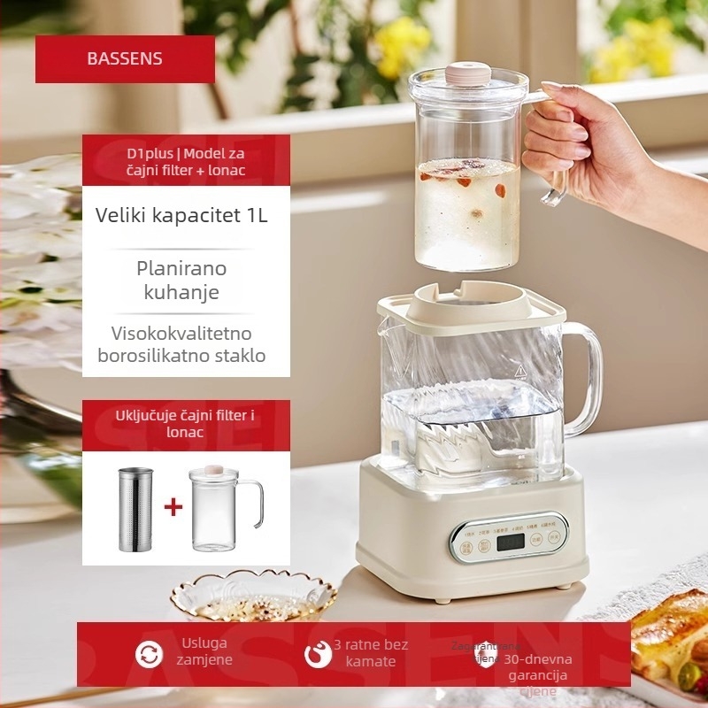 BASSENS BS-D1plus Stakleni čajnik za zdravlje, 1 L, Elektronički termostat, Mikroračunalno upravljanje, 220V, 500–1000W