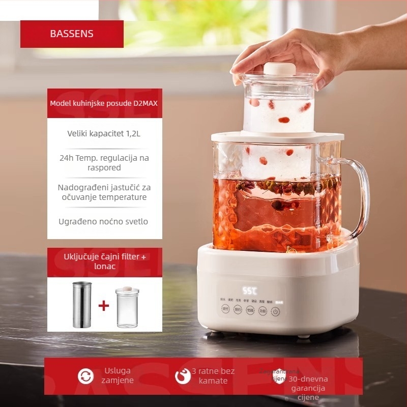 BASSENS BS-D1plus Stakleni čajnik za zdravlje, 1 L, Elektronički termostat, Mikroračunalno upravljanje, 220V, 500–1000W